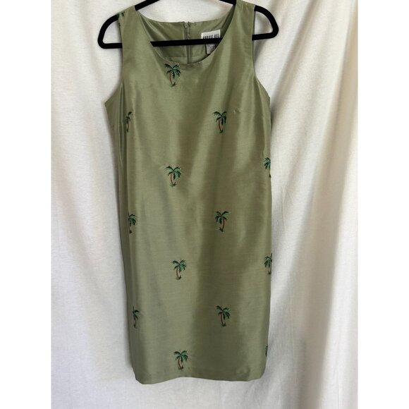 Robbie Bee Sheath Dress 100% Silk Slveless Green Tea Color w/Palm Trees, Sz. 12 - Picture 1 of 8